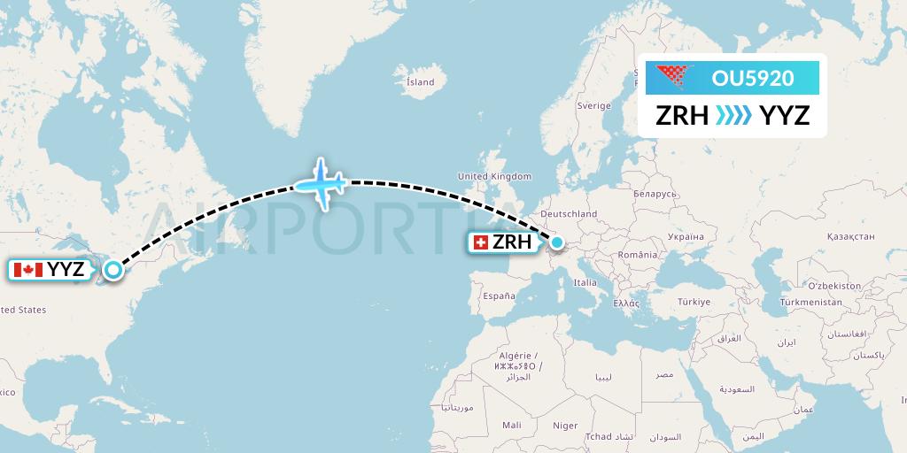 OU5920 Croatia Airlines Flight Map: Zurich to Toronto