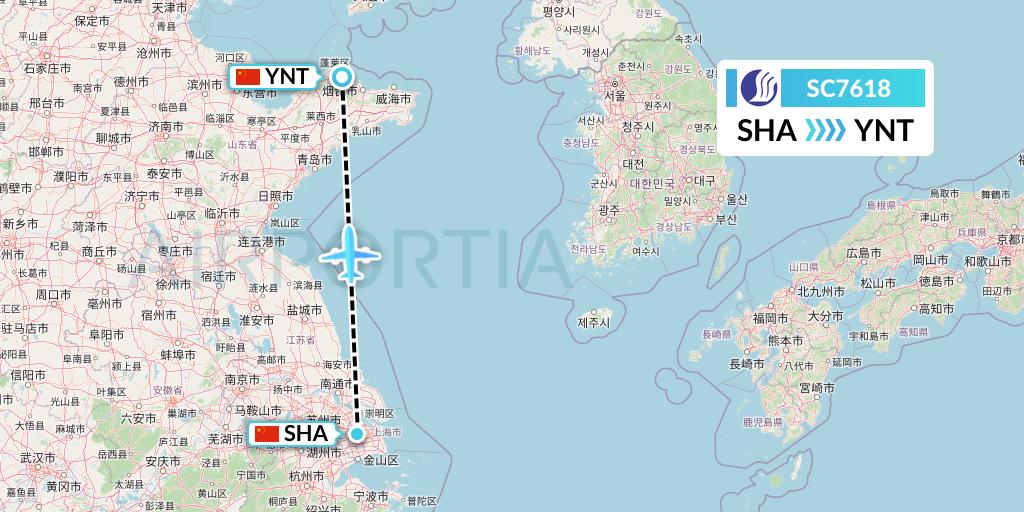 SC7618 Shandong Airlines Flight Map: Shanghai to Yantai