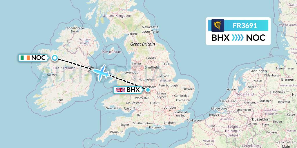 FR3691 Ryanair Flight Map: Birmingham to Knock