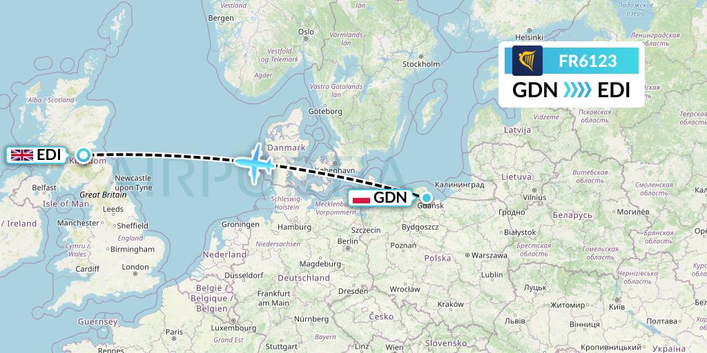 FR6123 Ryanair Flight Map: Gdansk to Edinburgh