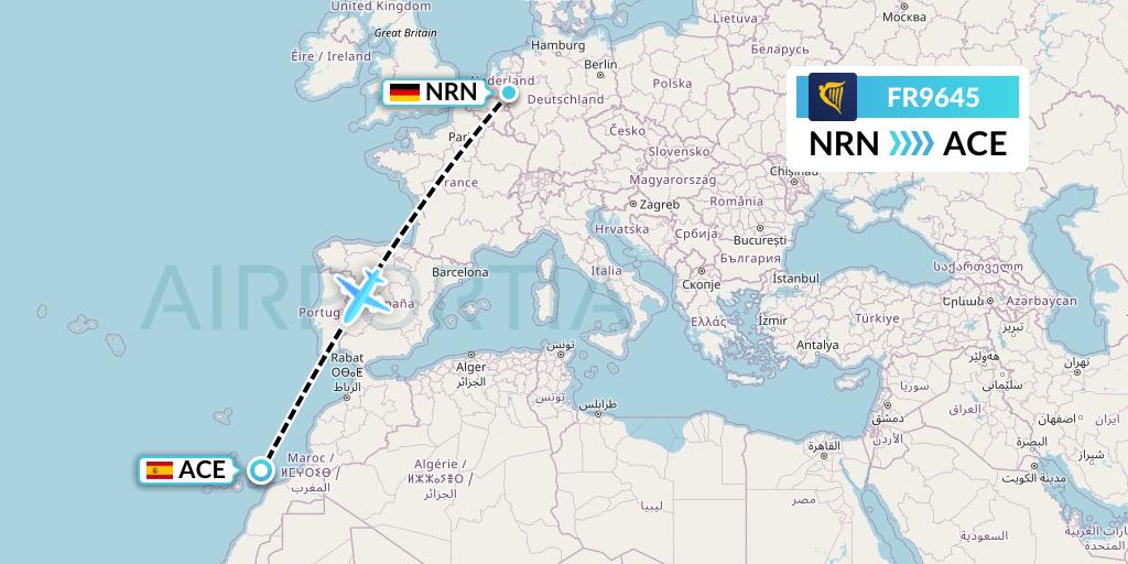 FR9645 Ryanair Flight Map: Weeze to Lanzarote