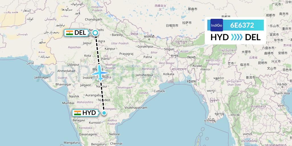 6E6372 IndiGo Airlines Flight Map: Hyderabad to Delhi