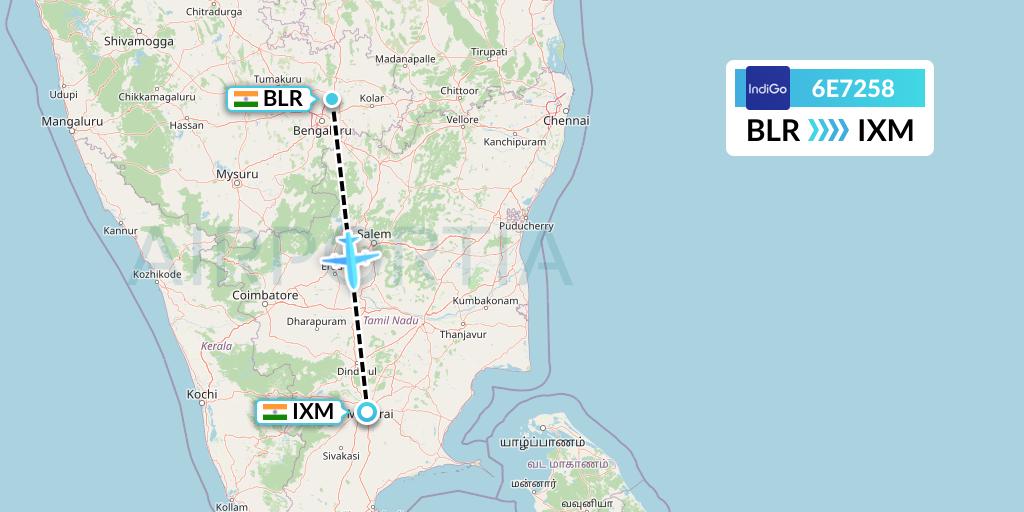 6E7258 IndiGo Airlines Flight Map: Bangalore to Madurai