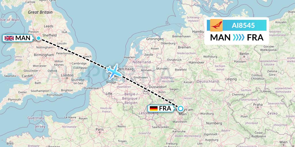 AI8545 Air India Flight Map: Manchester to Frankfurt