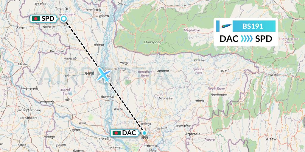 BS191 US-Bangla Airlines Flight Map: Dhaka to Saidpur