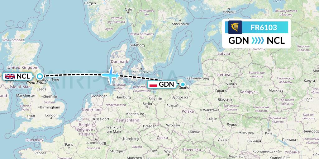 FR6103 Ryanair Flight Map: Gdansk to Newcastle