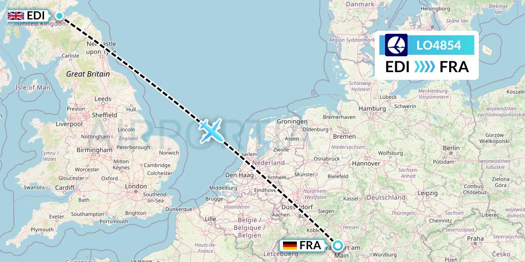 LO4854 LOT Flight Map: Edinburgh to Frankfurt