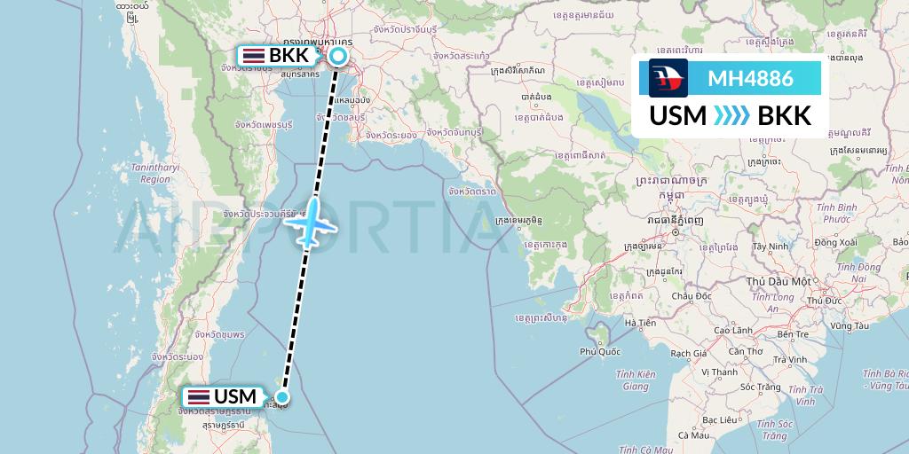 MH4886 Malaysia Airlines Flight Map: Koh Samui to Bangkok