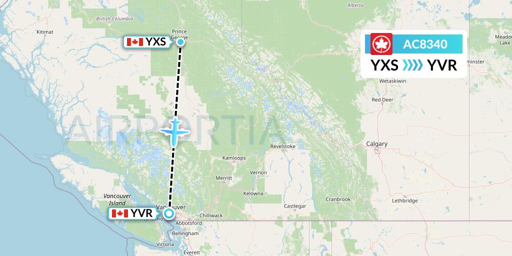 AC8340 Air Canada Flight Map: Prince George to Vancouver