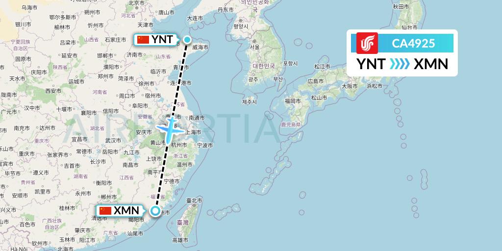 CA4925 Air China Flight Map: Yantai to Xiamen