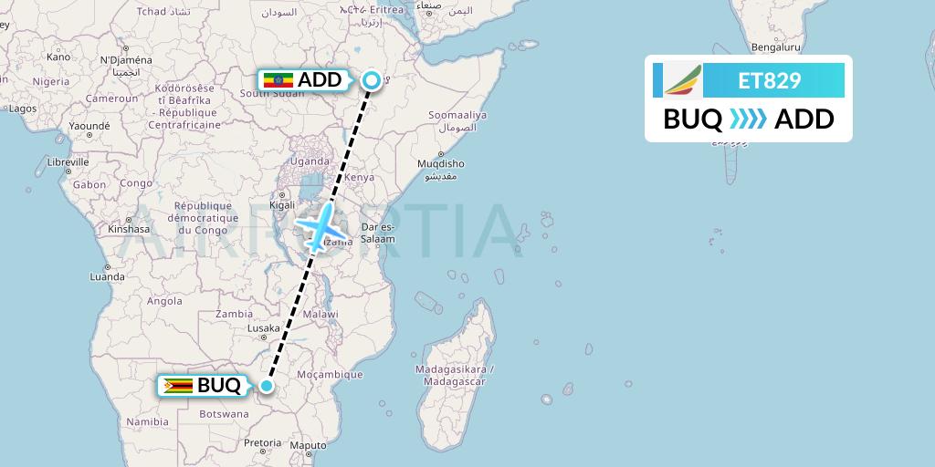 ET829 Ethiopian Airlines Flight Map: Bulawayo to Addis Ababa