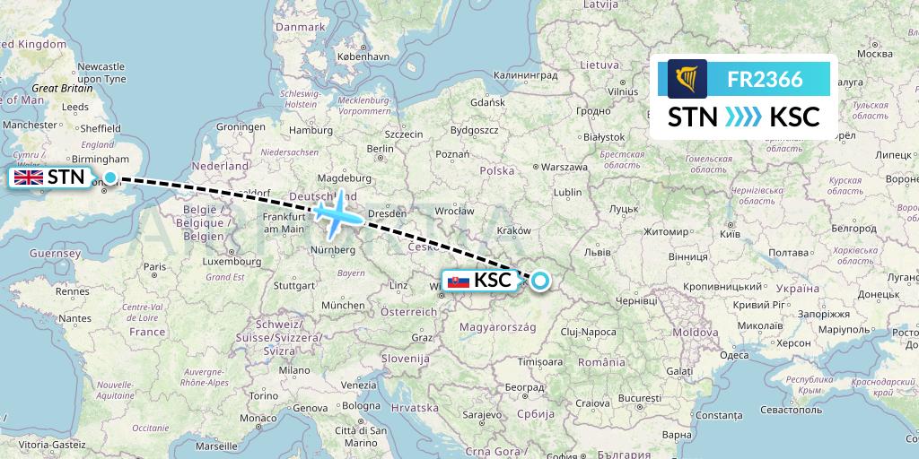 FR2366 Ryanair Flight Map: London to Kosice
