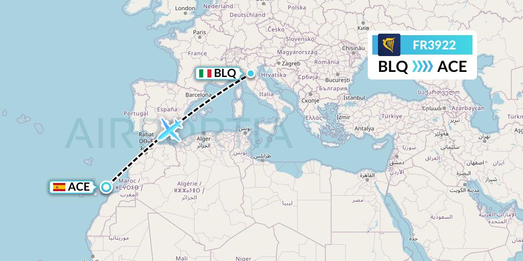 FR3922 Ryanair Flight Map: Bologna to Lanzarote