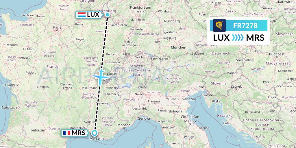 FR7278 Ryanair Flight Map: Luxembourg to Marseille