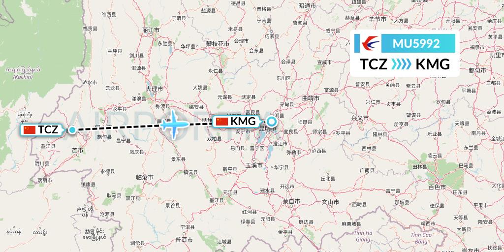 MU5992 China Eastern Airlines Flight Map: Tengchong to Kunming