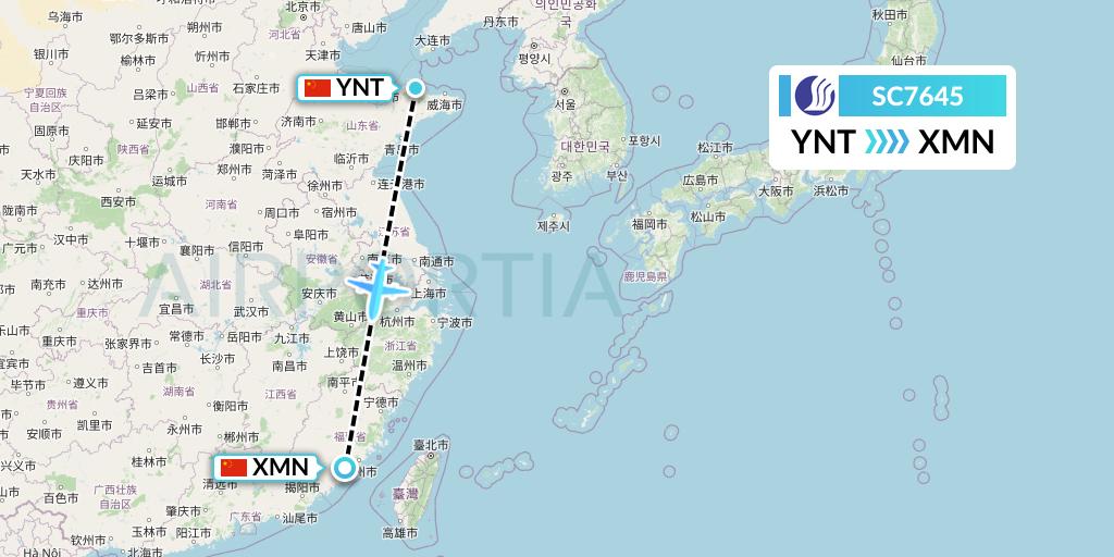 SC7645 Shandong Airlines Flight Map: Yantai to Xiamen