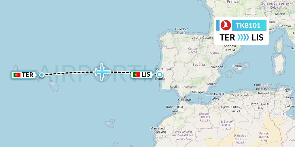 TK8101 Turkish Airlines Flight Map: Lajes to Lisbon