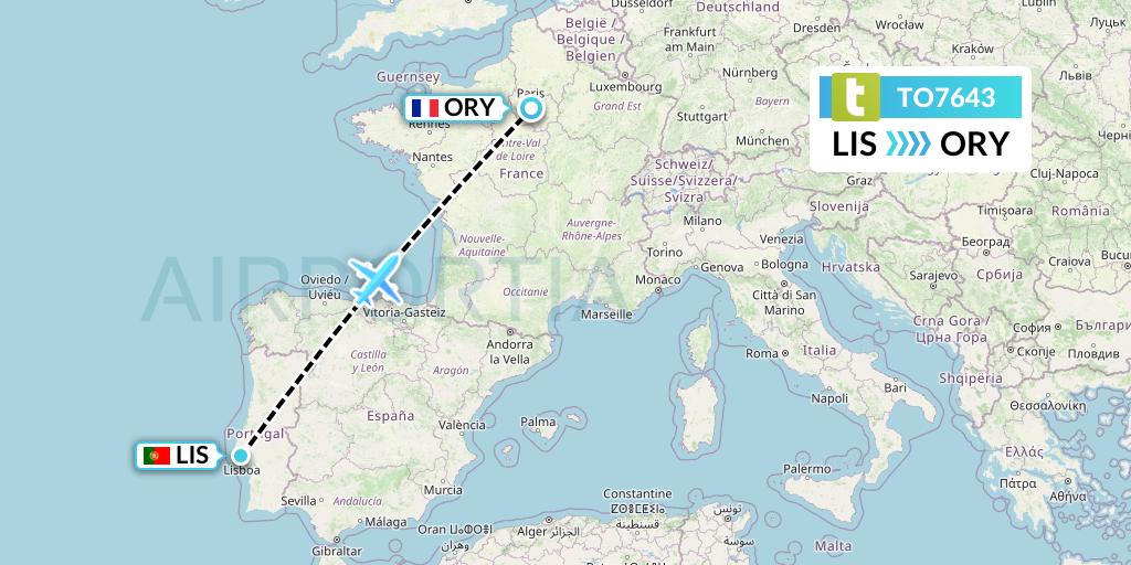 TO7643 Transavia France Flight Map: Lisbon to Paris