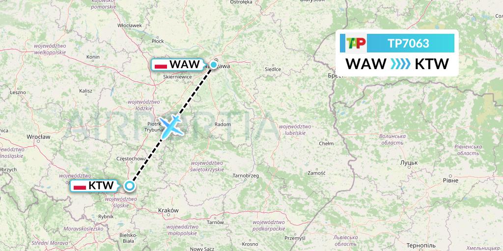 TP7063 TAP Portugal Flight Map: Warsaw to Katowice