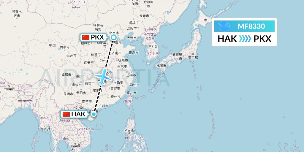 MF8330 Xiamen Airlines Flight Map: Haikou to Beijing