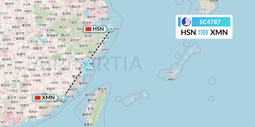 SC4787 Shandong Airlines Flight Map: Zhoushan to Xiamen