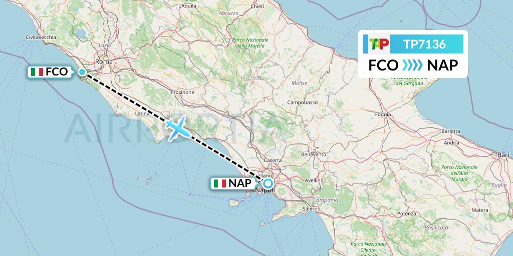 TP7136 TAP Portugal Flight Map: Rome to Naples