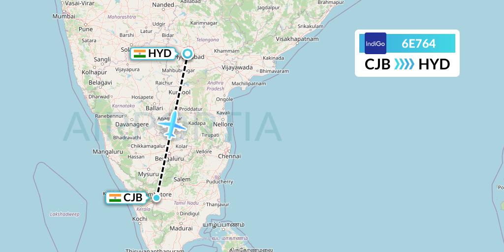 6E764 IndiGo Airlines Flight Map: Coimbatore to Hyderabad