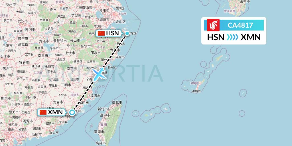 CA4817 Air China Flight Map: Zhoushan to Xiamen