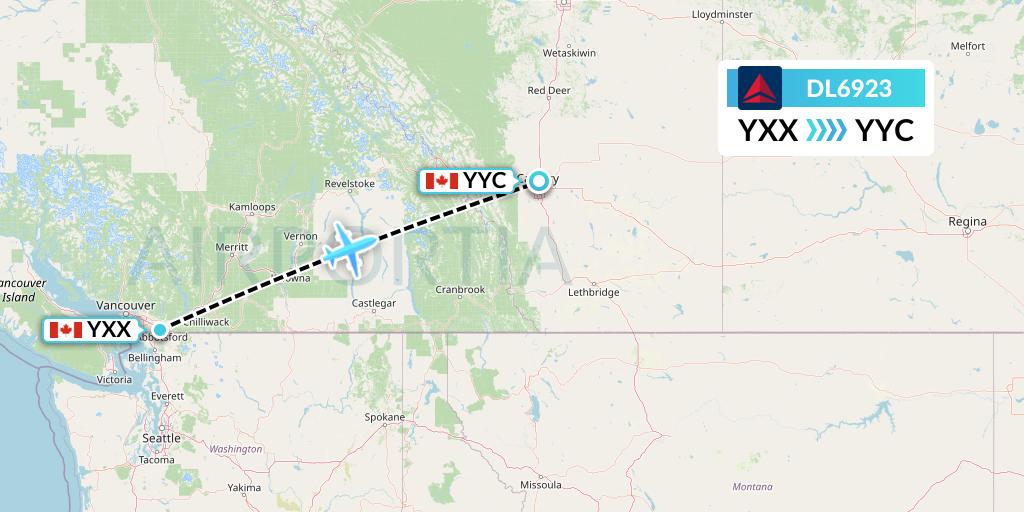 DL6923 Delta Air Lines Flight Map: Abbotsford to Calgary