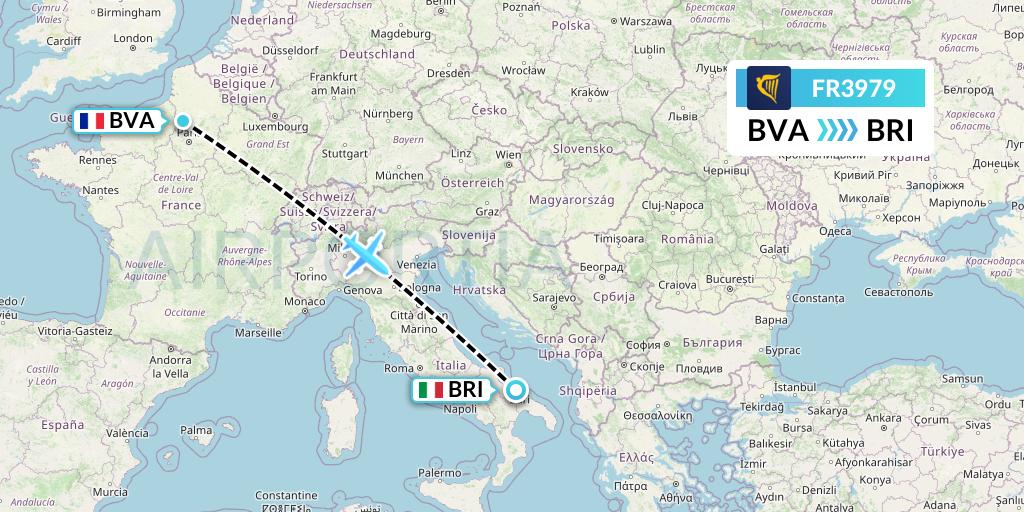 FR3979 Ryanair Flight Map: Paris to Bari
