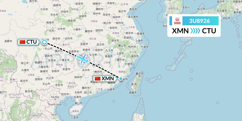 3U8926 Sichuan Airlines Flight Map: Xiamen to Chengdu