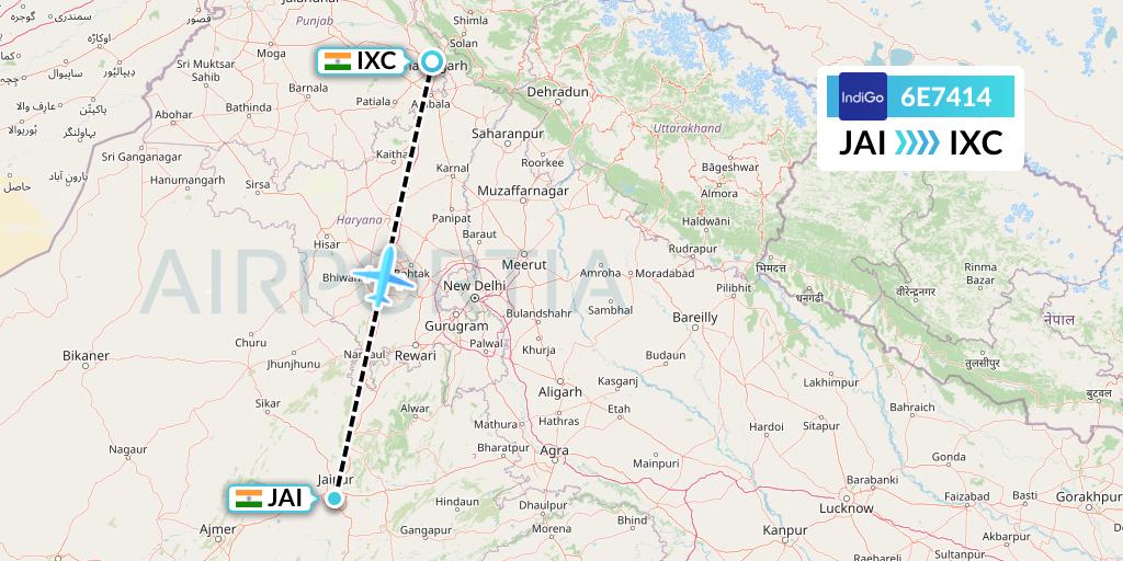6E7414 IndiGo Airlines Flight Map: Jaipur to Chandigarh