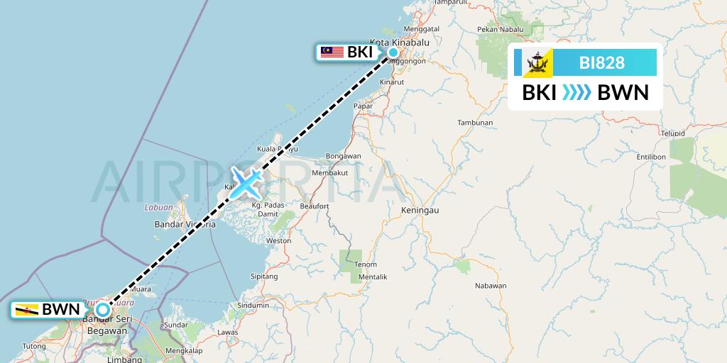 BI828 Royal Brunei Airlines Flight Map: Kota Kinabalu to Brunei