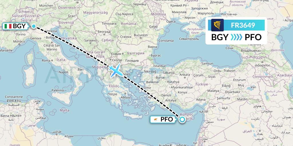 FR3649 Ryanair Flight Map: Milan to Pafos