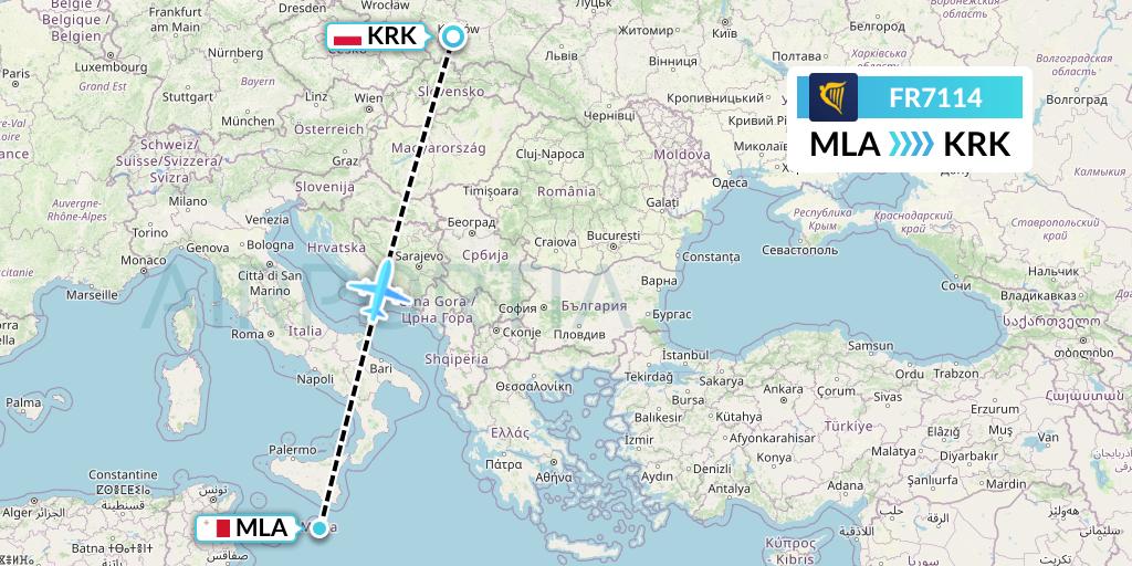 FR7114 Ryanair Flight Map: Malta to Krakow