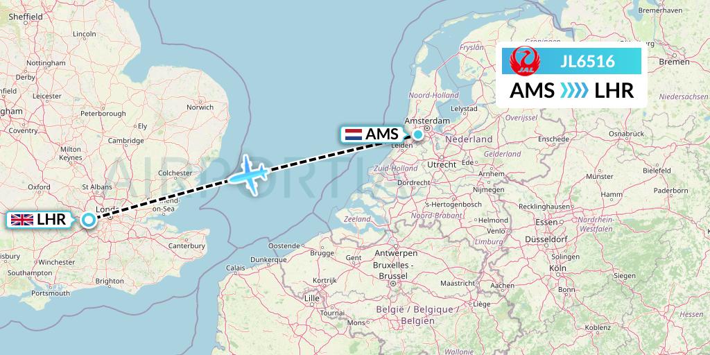 JL6516 Japan Airlines Flight Map: Amsterdam to London