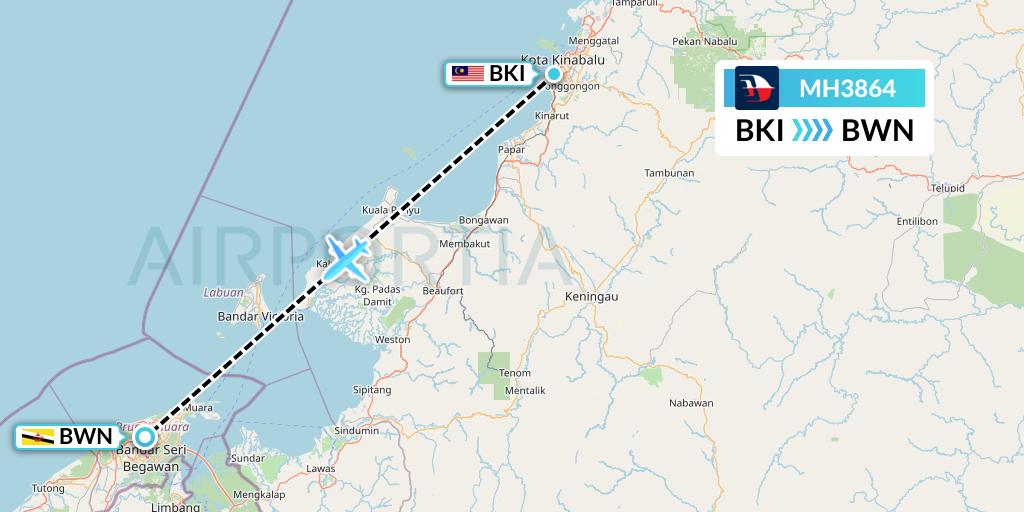 MH3864 Malaysia Airlines Flight Map: Kota Kinabalu to Brunei