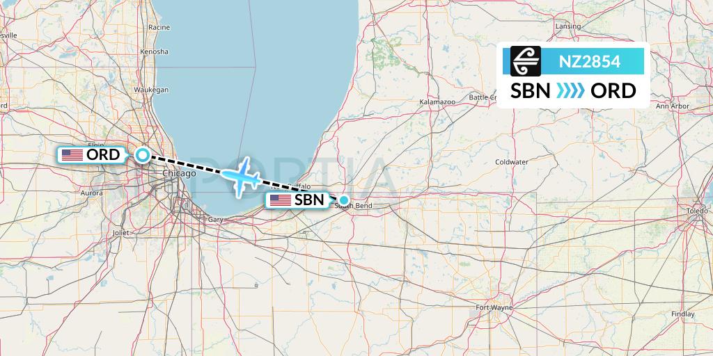 NZ2854 Air New Zealand Flight Map: South Bend to Chicago