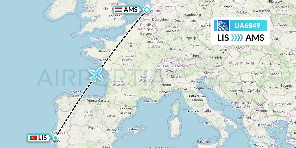 UA6849 United Airlines Flight Map: Lisbon to Amsterdam