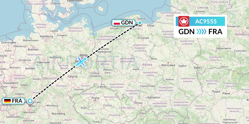 AC9555 Air Canada Flight Map: Gdansk to Frankfurt