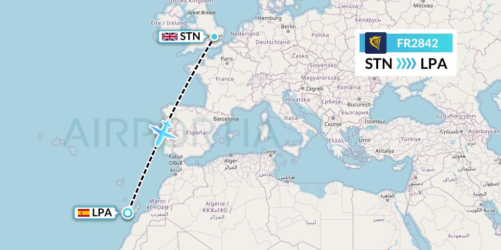 FR2842 Ryanair Flight Map: London to Las Palmas