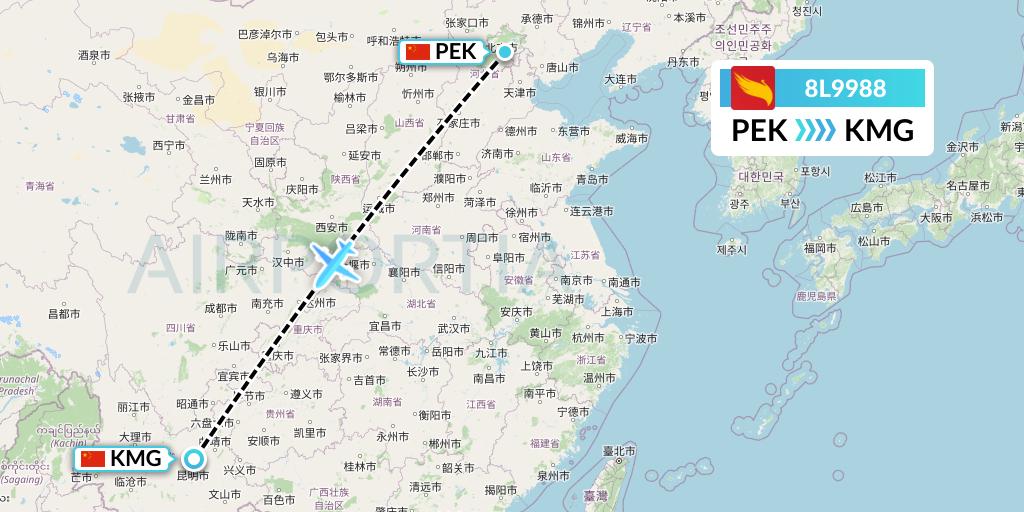 8L9988 Lucky Air Flight Map: Beijing to Kunming