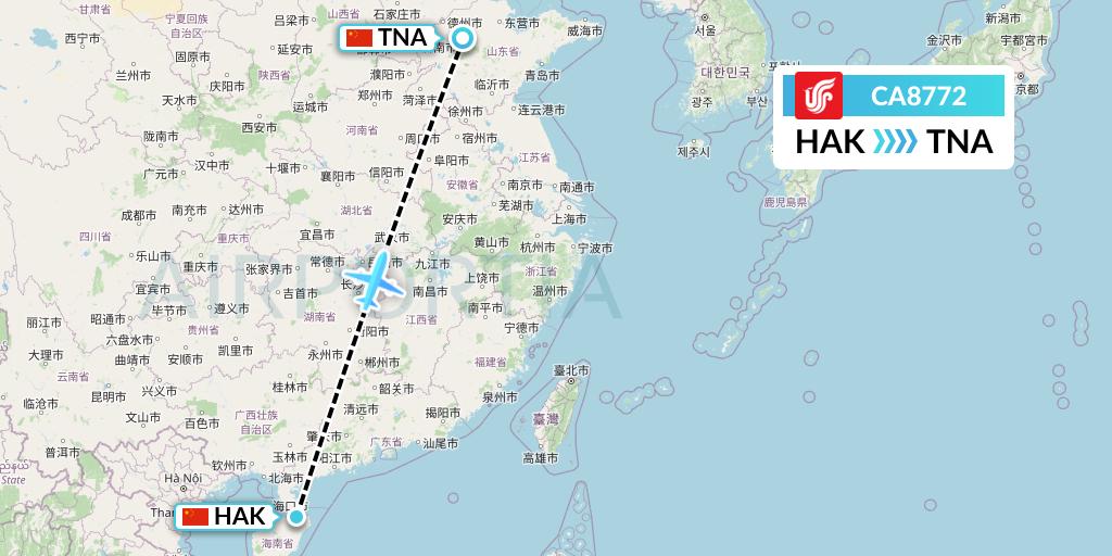 CA8772 Air China Flight Map: Haikou to Jinan