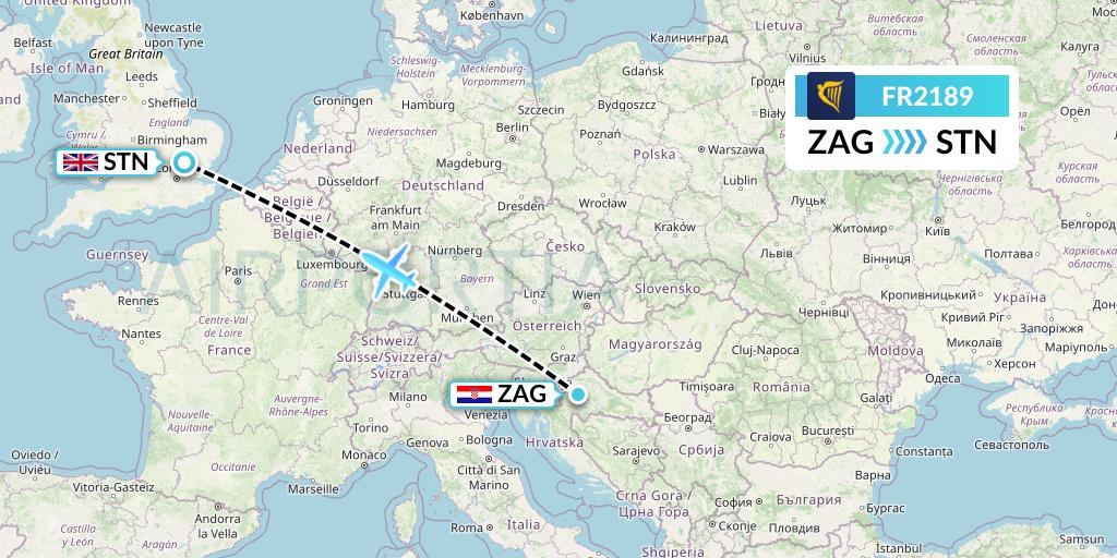 FR2189 Ryanair Flight Map: Zagreb to London