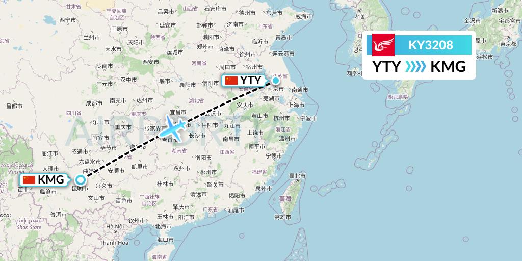 KY3208 Kunming Airlines Flight Map: Yangzhou to Kunming