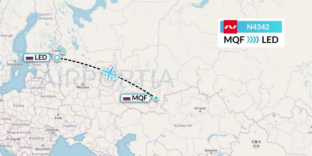 N4342 Nordwind Airlines Flight Map: Magnitogorsk to St. Petersburg
