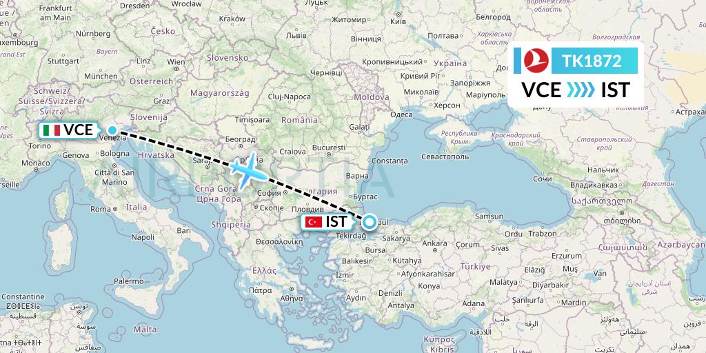 TK1872 Turkish Airlines Flight Map: Venice to Istanbul