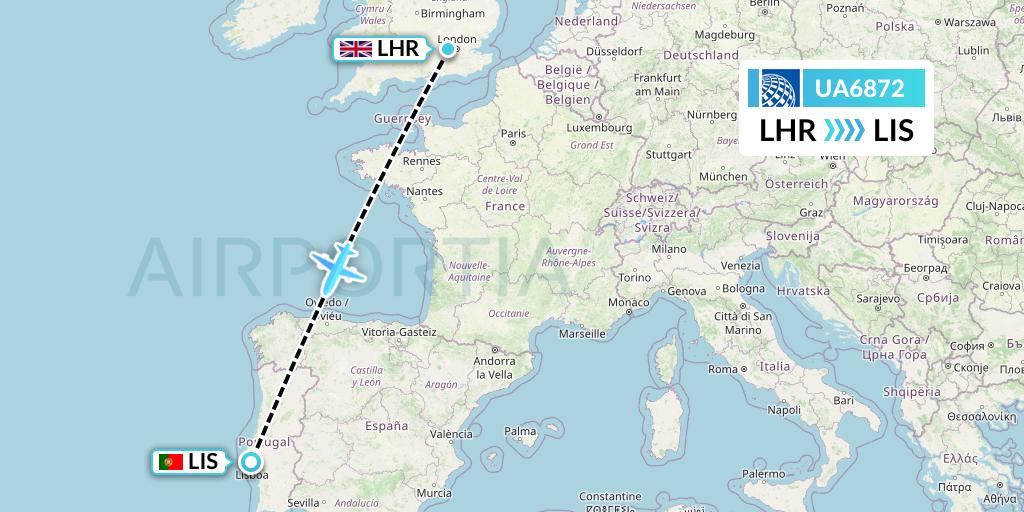 UA6872 United Airlines Flight Map: London to Lisbon