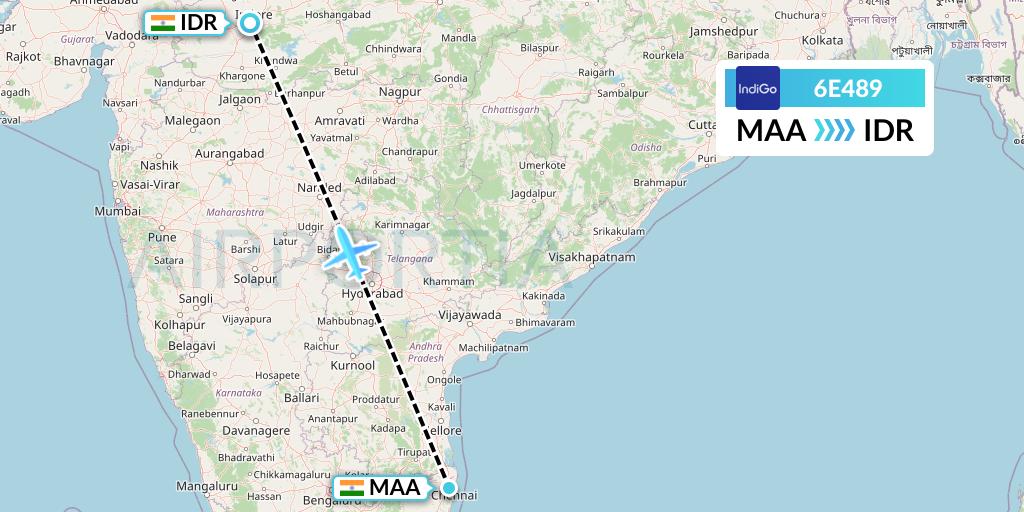6E489 IndiGo Airlines Flight Map: Chennai to Indore