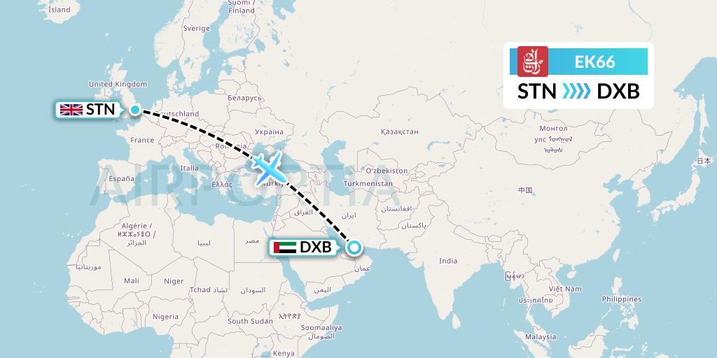 EK66 Emirates Flight Map: London to Dubai